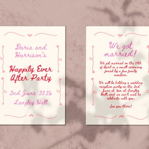 Rosa + vermelho modelo de convite para festa feliz para sempre, anúncio editável de fuga de casamento, cartão com borda ondulada que fugimos, nos casamos