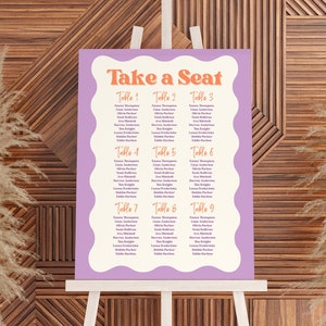 Lilac + Peach Wavy Seating Plan Sign Template, Modern Retro Find Your Seat Sign, Editable Custom Sign, Wedding Table Plan Sign Template
