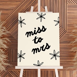 Plantilla de signo de despedida de soltera de Miss to Mrs, signo de despedida de soltera dibujado a mano de Daisy, signo personalizado editable de despedida de soltera, plantilla de signo de bienvenida nupcial