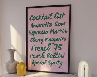 Roze groene cocktailmenusjabloon, kleurrijk handgeschreven drankenmenu, bewerkbaar barmenu, kenmerkend drankje, bruidsdouchemenu, tuinbarmenu
