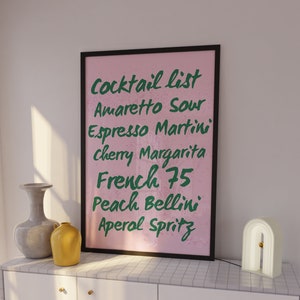 Modèle de carte de cocktail rose-vert, Carte de boissons manuscrite colorée, Menu de bar modifiable, Boisson exclusive, Menu de douche nuptiale, Menu de bar de jardin