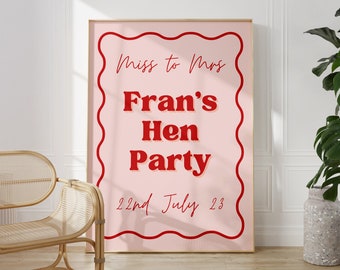 Pink + Red Wavy Hen Party Sign Template, Wavy Modern Retro Hen Party Welcome Sign, Editable Custom Sign, Hen Do Welcome Sign Template