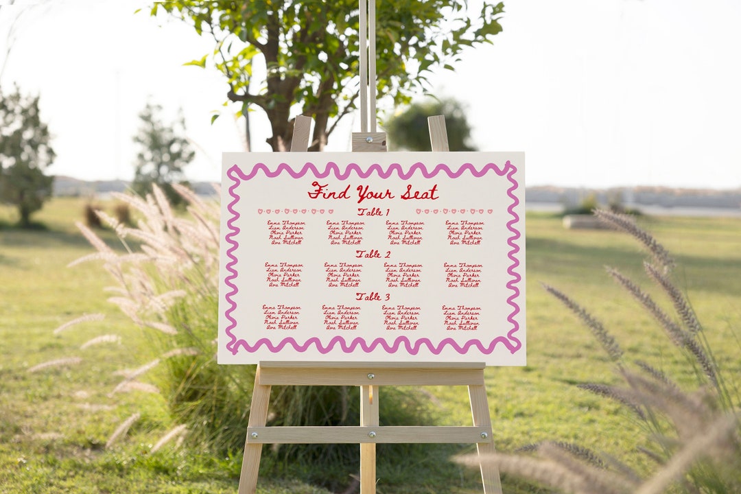 Pink + Red Wavy Seating Plan Sign Template, Pink Hand Drawn Find Your ...