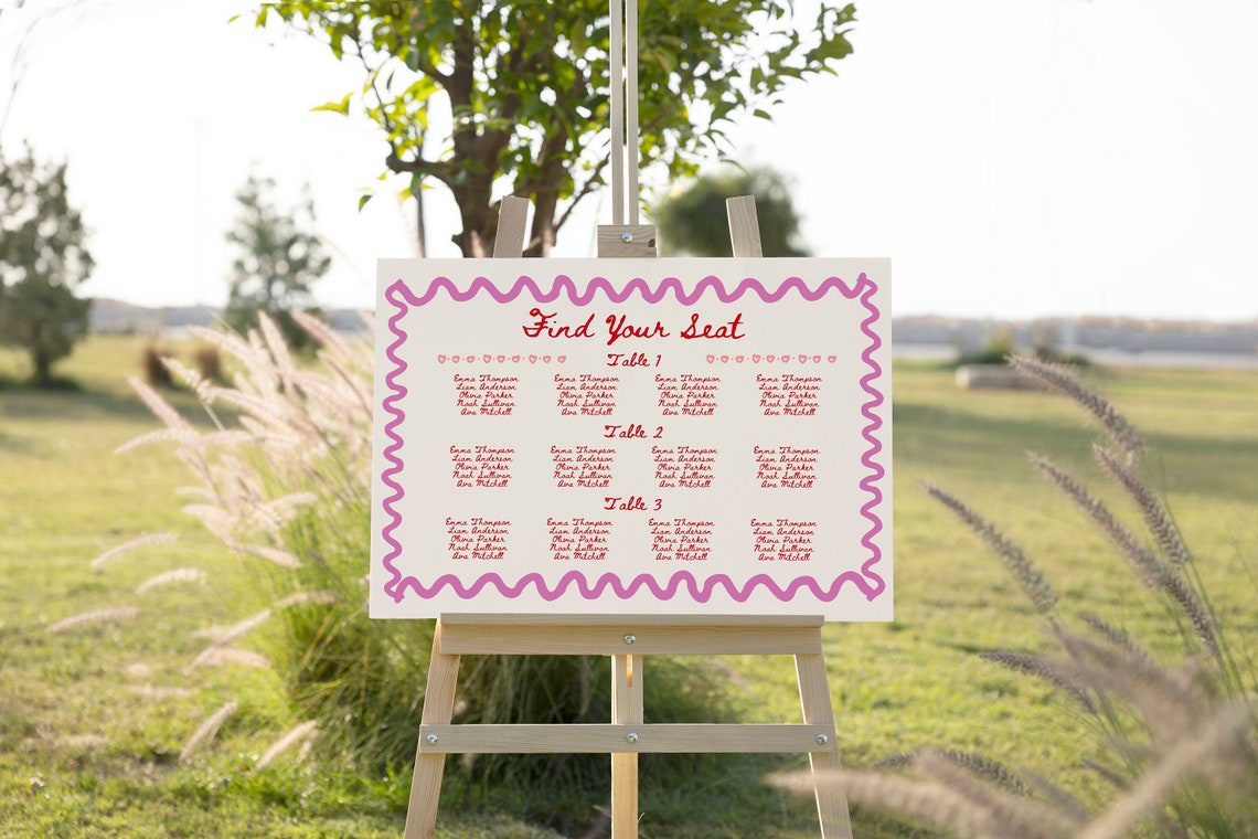 Pink + Red Wavy Seating Plan Sign Template, Pink Hand Drawn Find Your ...