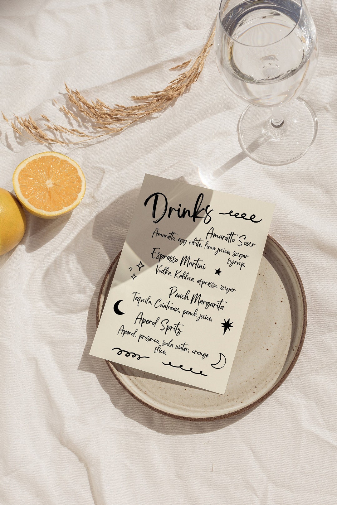 Boho Handwritten Cocktail Menu Template, Celestial Boho Drinks Menu