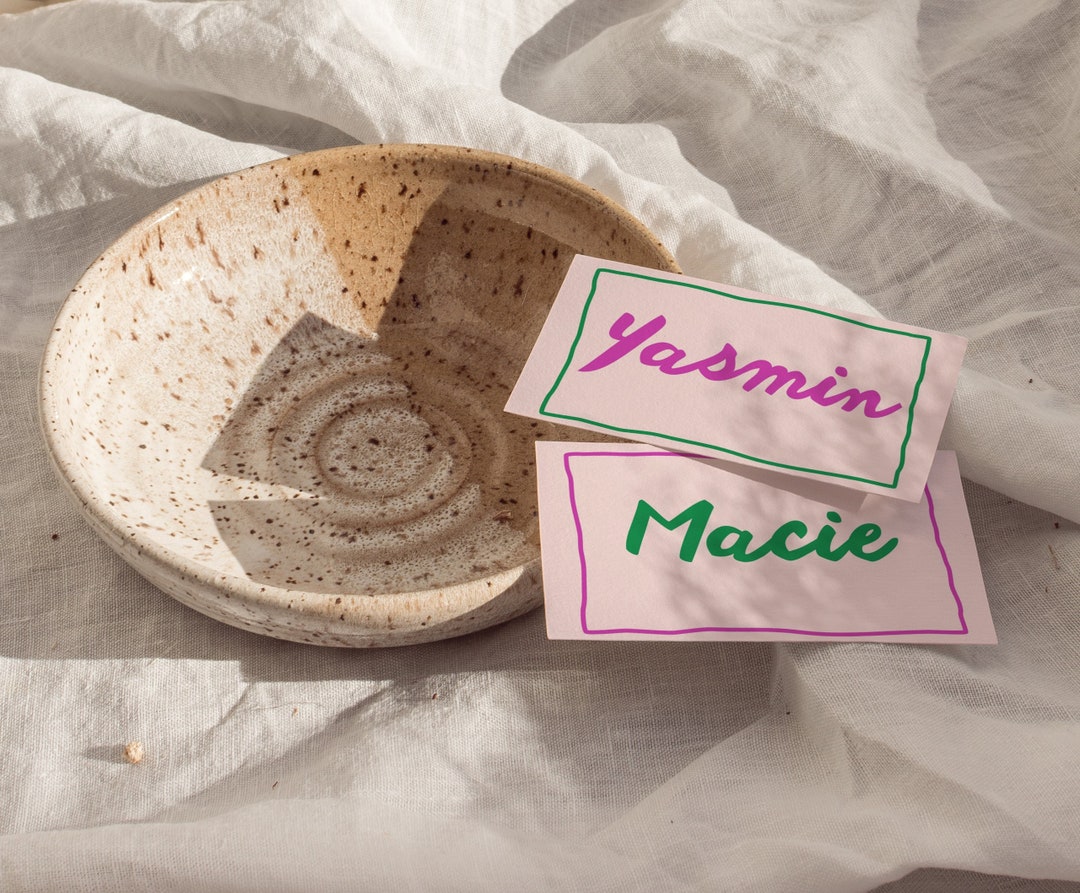 Pink Green Hand Painted Place Cards Template, Bright Handwritten Place
