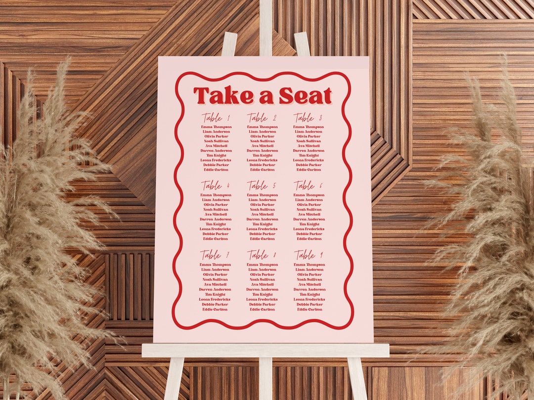 Red + Pink Wavy Seating Plan Sign Template, Pink Modern Retro Find Your ...