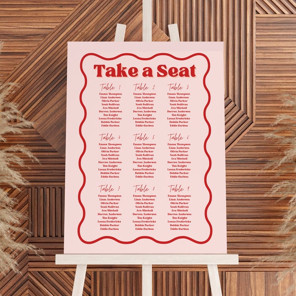 Red + Pink Wavy Seating Plan Sign Template, Pink Modern Retro Find Your Seat Sign, Editable Custom Sign, Wedding Table Plan Sign Template