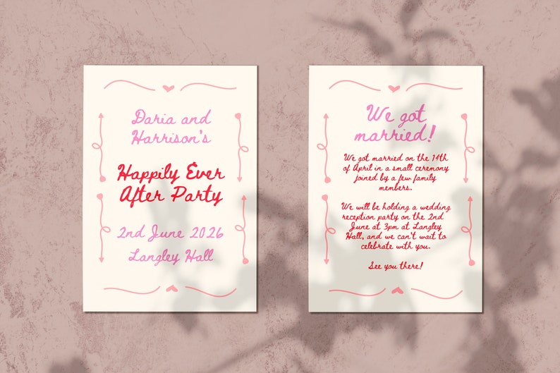 Pink Red Happily Ever After Party Invite Template, Editable Wedding Elopement Announcement, Wavy Border We Eloped Card, We Got Married image 1