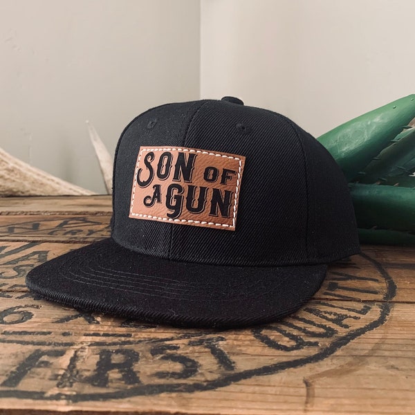 Kids snapback hat, Son of a Gun baby toddler youth boys cap, hunting infant trucker, flat bill camo hat, western cowboy style, 2nd amendment