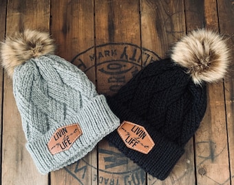 Leather Patch Beanie, Livin My Best Life, Warm Soft Knit W Leather Patch Beanie, Livin My Best Life, Warm Soft Knit W