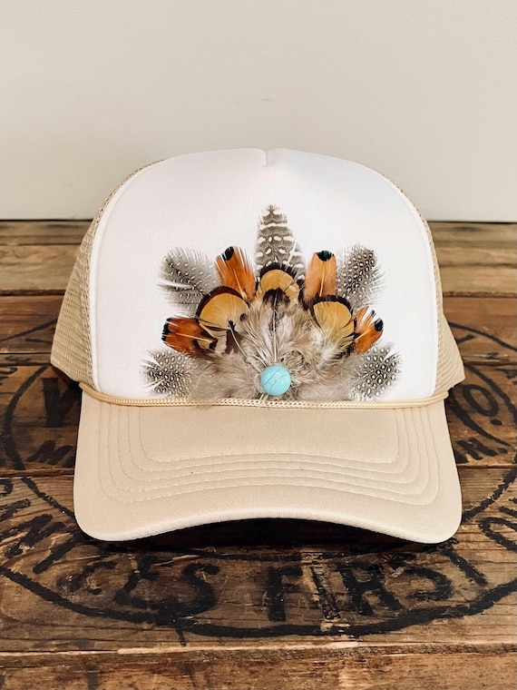 Feather Trucker Hat: Turquoise Bead, Western Cowgirl Boho  display picture 1