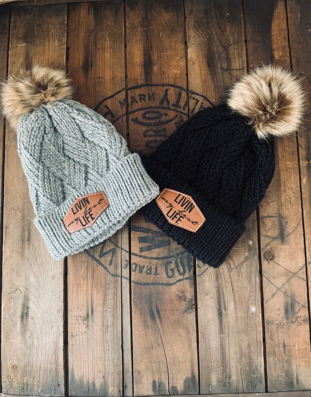 アパルトモン GOOD GRIEF PATCHED KNIT BEANIE Leather Patch Beanie, Livin My Best Life, Warm Soft Knit W