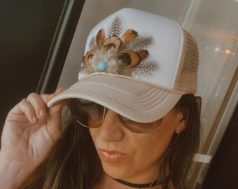 Feather Trucker Hat: Turquoise Bead, Western Cowgirl Boho  display picture 1