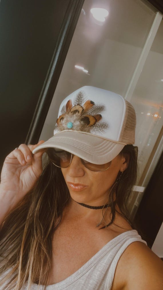 Feather Trucker Hat: Turquoise Bead, Western Cowgirl Boho  display picture 1