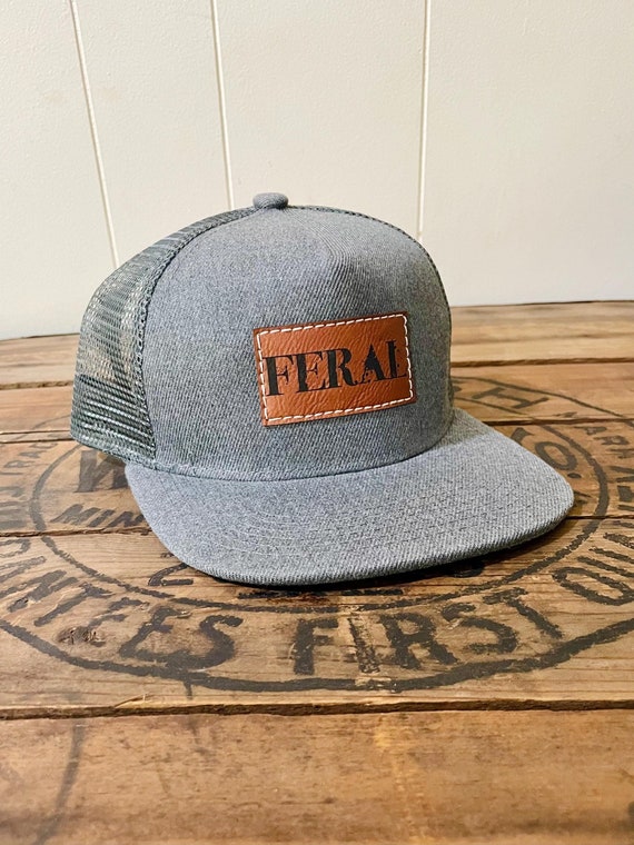 Toddler kids Snapback Hat | FERAL | baby toddler and kids youth size flat bill cap | Trucker style faux leather patch | Wild child gift