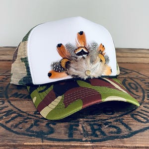 Feather Trucker Hat Camo with Brass rivet, Woman&#39;s Western Cowgirl Foam Snapback w/ Rope detail, Boho Rodeo Cap, Pheasant Feather Mesh Back