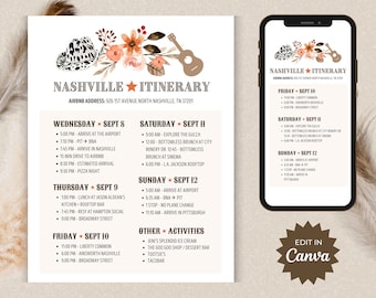 Editable Nashville Bachelorette Itinerary | Canva Template (Digital)