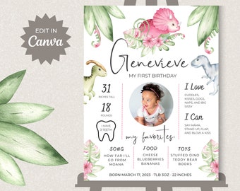 Pink Dinosaur 1st Birthday Milestone Poster | Girl Three Rex Party (Canva Digital Template)