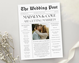 Editable 2-Sided Newspaper Wedding Program, Canva Template, Printable Ceremony Program, Fun Unique Wedding Stationary, Newspaper Wedding DIY