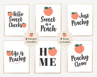 Set of 6 Peach Printables Wall Art, Peachy Clean, Hello Sweet Cheeks, Just Peachy, Life is Peachy, Peach Home Decor, Instant Download