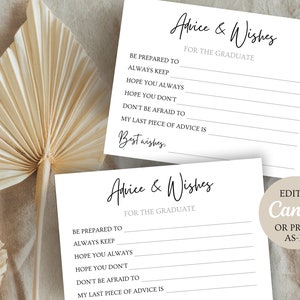 Plantilla Canva de tarjeta de deseos y consejos de graduación editables, tarjetas simples modernas imprimibles para la fiesta de graduación, decoración mínima de la fiesta de graduación