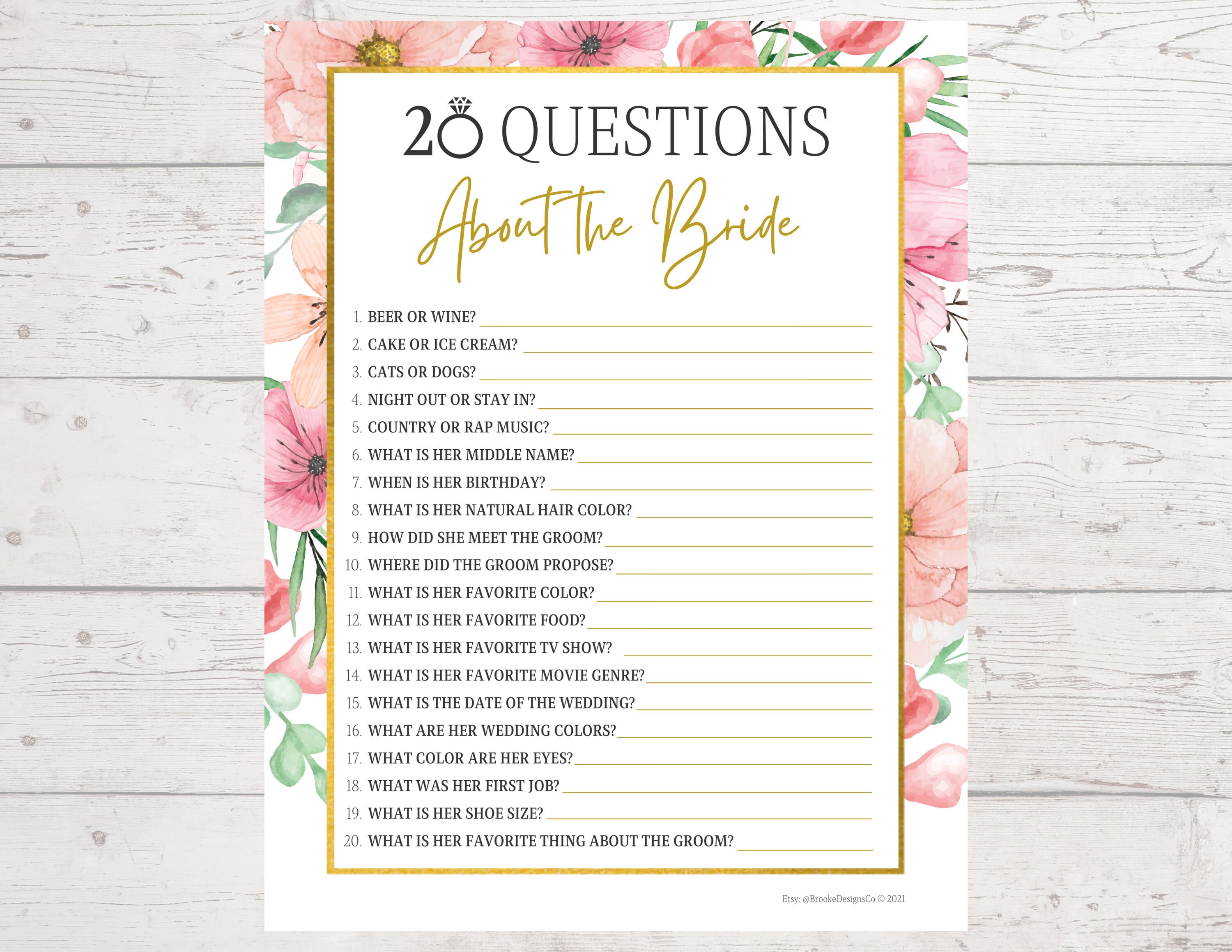 20 Questions About the Bride Bridal Shower Game Printable Fun | Etsy