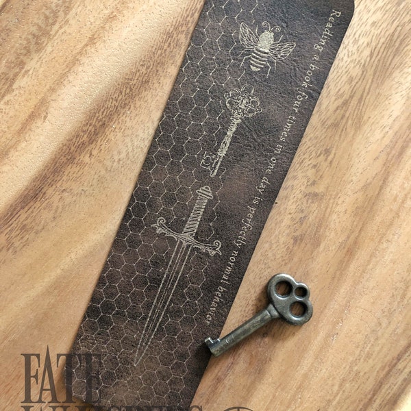 Leatherette bookmark inspired by The Starless Sea, Bee, Key, Sword