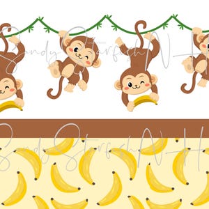 May include: A playful illustration shows four brown monkeys suspended from a green vine, each clutching a yellow banana. Below, a repeating pattern of yellow bananas on a light yellow background creates a fun design, suitable for children's items.