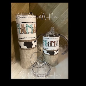 Mama and mini tumbler sippy cup set turquoise cow western mommy and me set