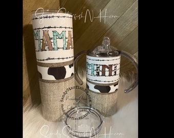 Mama und Mini Tumbler Schnabeltassen Set, Türkis Kuh Western