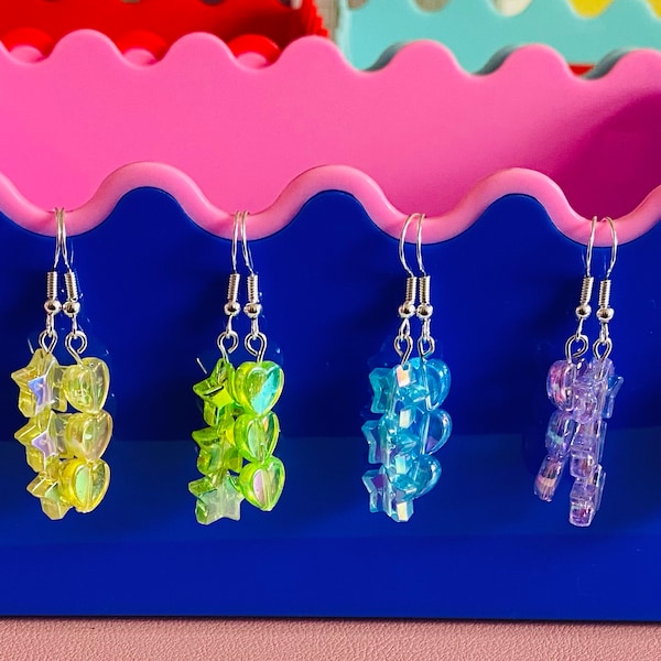 Hearts and Stars Iridescent Rainbow Bead Earrings - Kawaii, Aesthetic, Funky, Unique, Jewellery, Fashion, Harajuku, Bright, Colorful, Custom