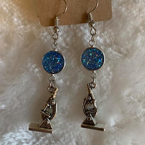 Silver Microscope Earrings, Blue Faux Cabochon Connector