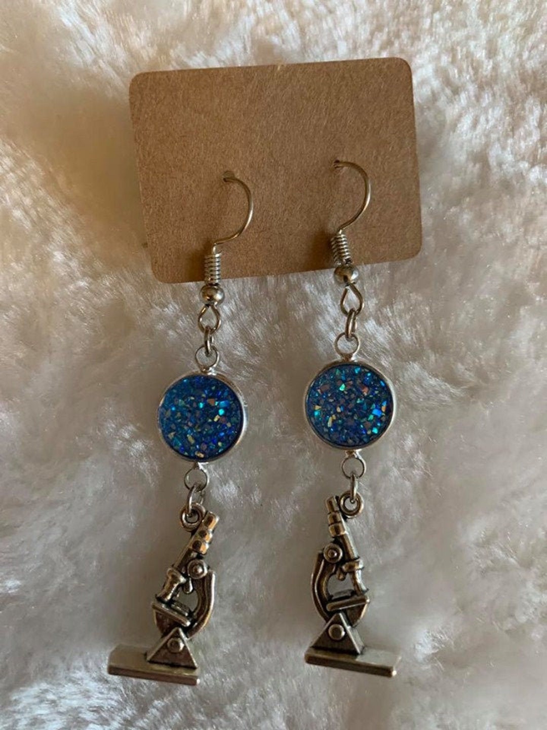 Silver Microscope Earrings Blue Faux Cabochon Connector Etsy