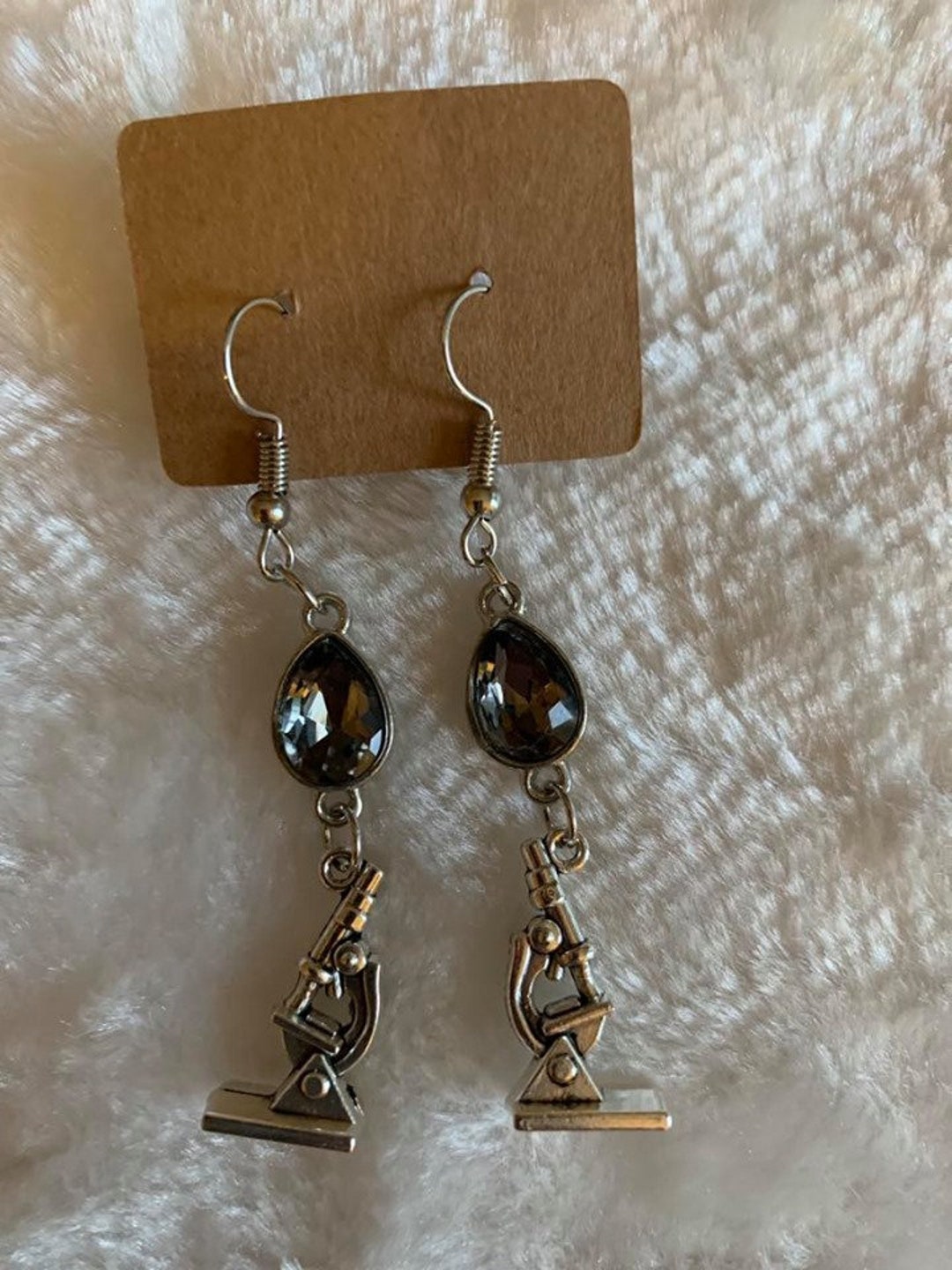 Silver Microscope Earrings, Smokey Grey Jewel Connector, Sterling