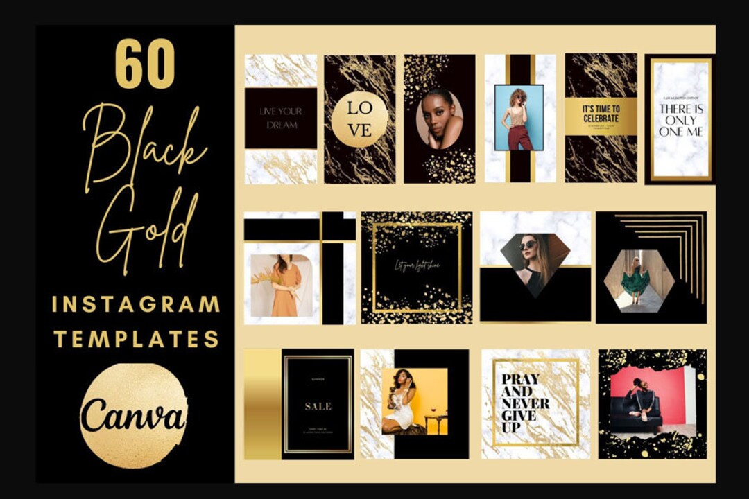 Black Gold Instagram Templates, Editable 60 Unique Canva Templates for ...