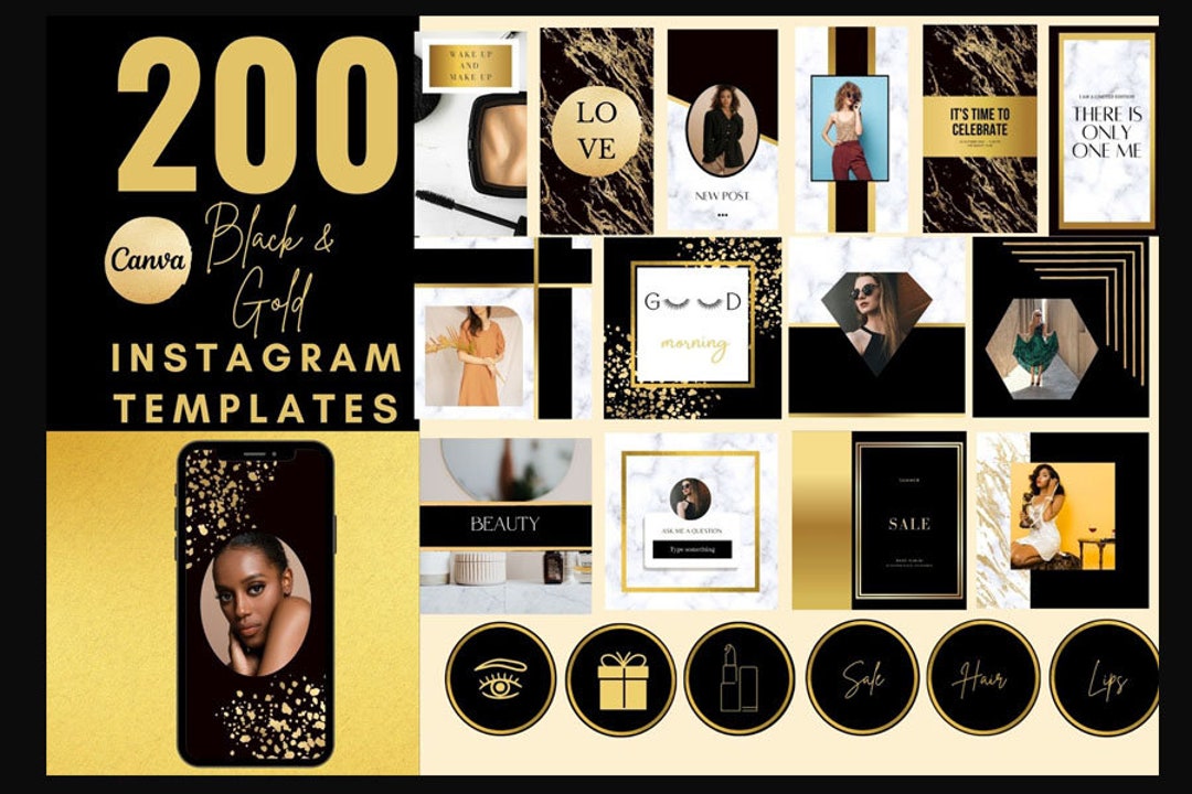 200 Black Gold Instagram Templates Editadle Black Gold - Etsy UK