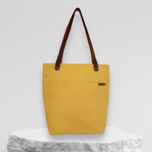Gelbe Schulter-Einkaufstasche, Senffarbe Tasche mit echten Ledergriffen für Frauen,