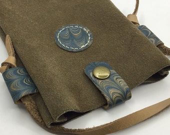 Khaki Color Marbling Art Smartphone Bag, Suede Leather Crossbody Phone Pouch, Small Suede Case, Gift For Leather Lover