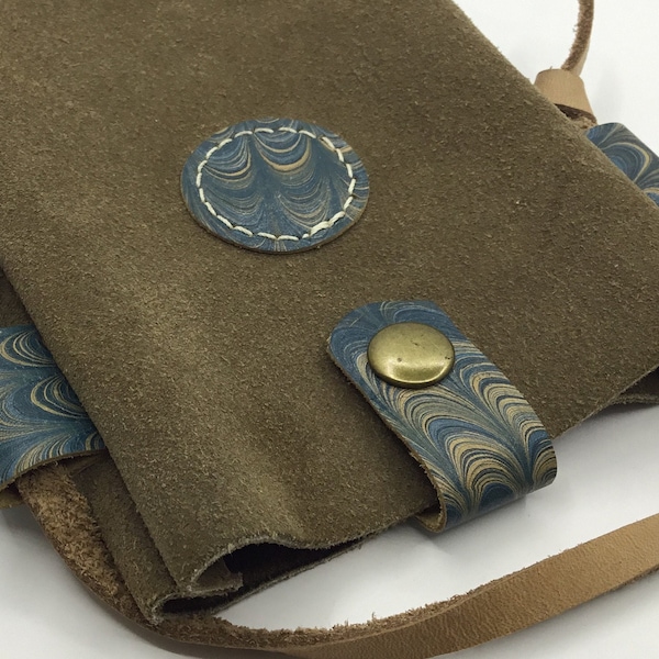 Khaki Color Marbling Art Smartphone Bag, Suede Leather Crossbody Phone Pouch, Small Suede Case, Gift For Leather Lover