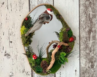Handmade Woodland Mirror, Moss Branch with Bird, Ladybugs, Mushrooms, Fern, Rustic Nature Art