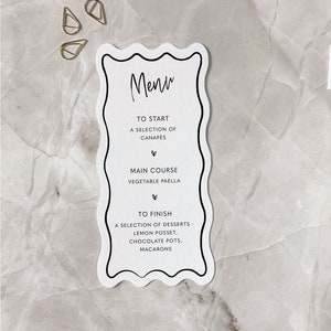 Wavy Wedding Menu: Modern Black Tie Table Decoration