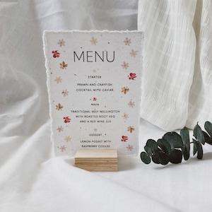 Menu floral, menu personnalisé, mariage d'été rose poudré, décoration de table de baby shower, couvert de mariage moderne, papier grainé