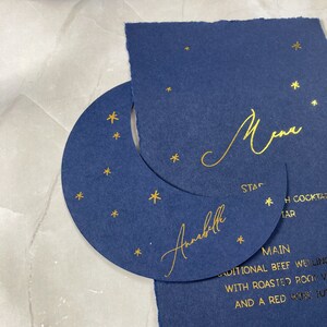 Navy and gold moon shaped place names, celestial wedding decor, baby shower place setting, navy and gold wedding image 8