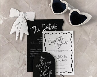 Monochrome wave Wedding Invite, black tie wedding theme, black and white table decoration, modern invitation, arched wedding invites