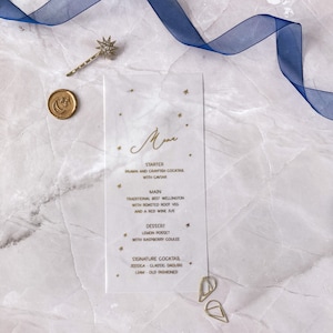 Vellum table menu, moon and stars wedding decor, gold vellum table decoration, baby shower place setting