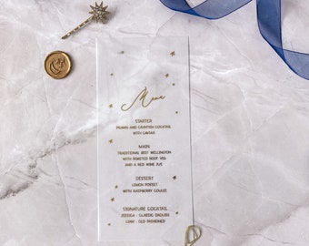 Vellum table menu, moon and stars wedding decor, gold vellum table decoration, baby shower place setting