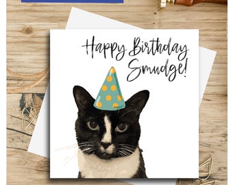 Personalised Cat Birthday Card, Pet portrait, Party hat for cat and dog, 1st birthday, birthday card for cat lovers