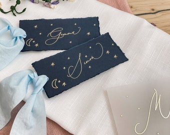 Navy and gold wedding place cards, baby shower place settings, navy and gold decor, deckle edge cards, moon & stars