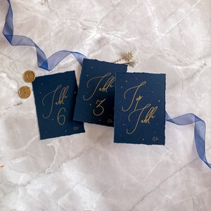 Navy table numbers, celestial wedding decor, moon and stars baby shower, gold and navy table decorations